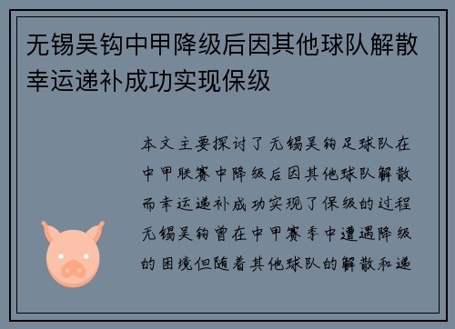 无锡吴钩中甲降级后因其他球队解散幸运递补成功实现保级